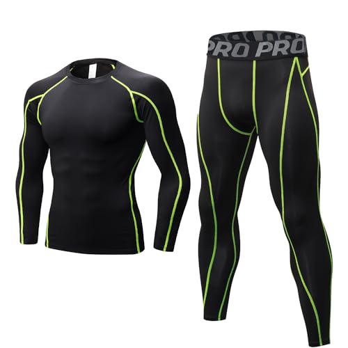 LANBAOSI Men's Gym Running Base Layer Top and Leggings Set Long Sleeve Compression Shirt Tights Thermal Underwear Suit, Blk Green, L