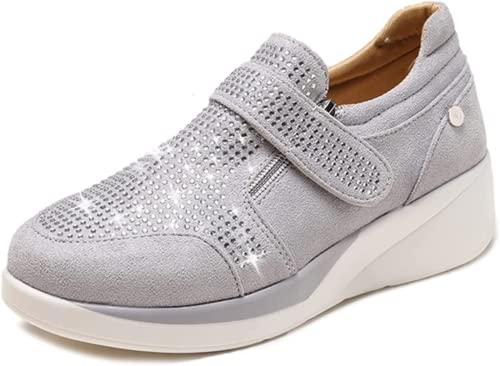 Women's Orthopedic Rhinestone Sneakers,Arch Support Walking Fashion Casual Glitter Bling Velcro Shoe (Grey,5.5) #TOP10