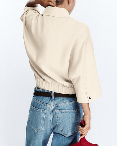 Locachy Women's Casual Lapel Zip Up Jacket Lightweight 3/4 Sleeve Shirts Blouses Tops with Pockets2