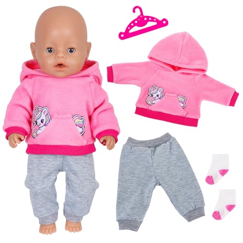 Puppenkleidung für 35-43cm Baby Puppen 5 Stück Süße Pony Puppen Kleidung für 14-17Zoll Babypuppen mit Pony Kleidung Hose Socken Anhänger Kleiderbügel 43cm Puppen Outfits Geschenke Kinder (Rosa)