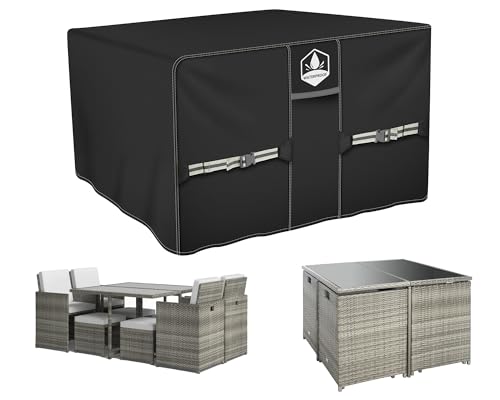 Rimwig – Housse imperméable pour meubles de jardin, 110 x 110 x 74 cm, pour ensemble de table et chaises en rotin d’extérieur, housse de jardin 420D...