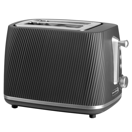 Daewoo Cascade 2 Slice Toaster – Black Ribbed Design, Adjustable Browning, Defrost & Reheat Functions, Removable Crumb Tray, Cancel Button, Compact Countertop Toaster