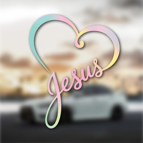 Image of Jesus Heart Car Decal Pastel Rainbow Sticker - Minimalist Christian Cursive Vinyl Decal, Cute Faith Love Bumper Sticker, Aesthetic Gift for Teen Girls Christian Young Women