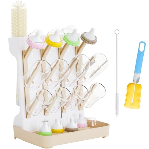Huishun Baby Bottle Drying Rack: Large Vertical Bottle Dryer Rack Holder - Space Saving Standing Drying Rack for Baby Bottles and Pump Part Cleaning（Beige）