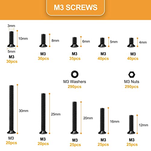 Vigrue SCREWS Black, M3 X 4/5/6/8/10/12/16/20/25/30Mm Countersunk Metric Machine Screws Assortment Kit thumb #5