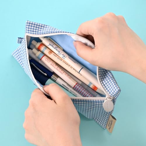 Image of Monolike Unmatched Friends Picnic Check Pencil Case, Blue - Aesthetic Gingham Pastel Desk Organizer, Trendy Minimalist Stationery Pouch