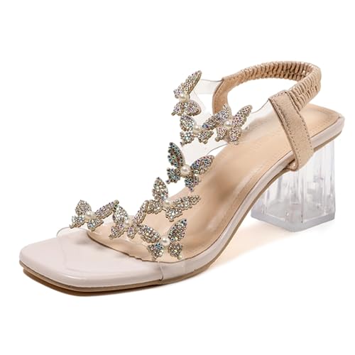 Lymphvity Women's Rhinestone Butterfly Clear Block Heel Sandals Open Toe Elastic Ankle Strap Chunky Heel Dress Shoes Square Toe Heels Party Wedding Sandal Shoes