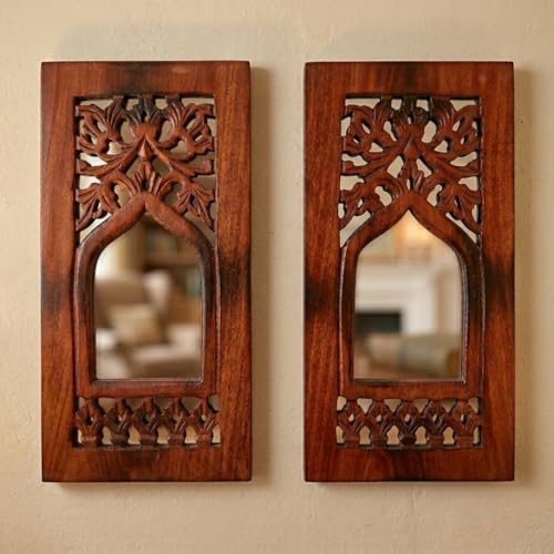 Image of Handcrafted Traditional MDF Wooden Floral Mirror Jharokha Wall Art | Boho Vintage Style Decorative Wall Hanging Set of 2 | for Living Room & Home Interiors (Brown Floral Set of 2)
