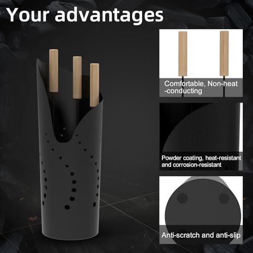 tonhui 4 Pieces Fireplace Tools Set, Metal Fireplace Accessories Fireside Companion Set for Log Burners with Broom, Shovel, Poker and Bucket - Black - Image 5