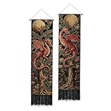 PLIGREAT Pack of 2 Aesthetic Dragon Wall Tapestry, Medieval Woven Tree Wall Hanging with Tassels Moon Leaves Tapestry for Bedroom Living Room Home Decorations Art Tapestries, 52 x 13 Inch