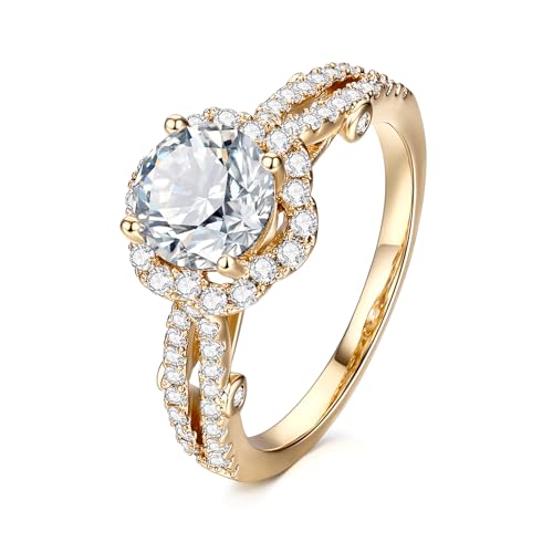 AllenCOCO 1.2CT Halo Engagement Ring – Thick 14K Gold Plated & Round Cut CZ Promise Eternity Wedding Ring for Women Ideal for Travel and Daily Wear
