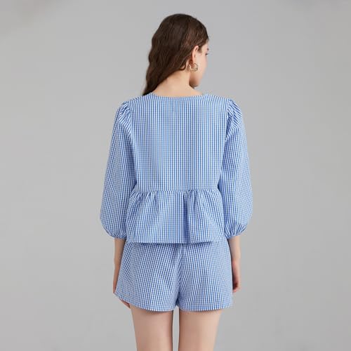 Image of Yuemengxuan Women Y2k Two Piece Plaid Lounge Sets Puff Sleeve Tie front Blouse Top High Waist Shorts Casual Pajamas Sets