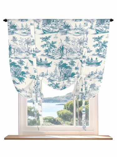 Tie Up Curtains for Windows Green Garden Vintage Roman Shade 46 x 63 Inch Bathroom Curtains Window Modern Art Building Boat Tree Rod Pocket Short Balloon Curtains for Living Room Kitchen Small Blinds