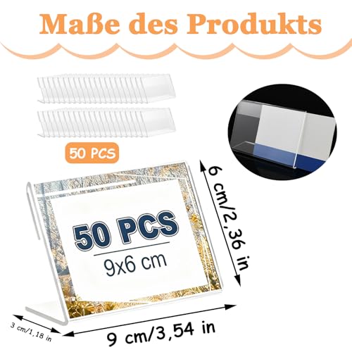 Acryl Etikettenhalter, 9 x 6 cm, 50 Stück Transparenter Vertical Acryl Etikettenhalter, Preisschildhalter, Klein Namenskarten Halter, Visitenkarten Display, für Büro, Schulen, Shop
