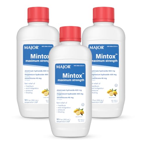 MAJOR Mintox Maximum Strength Antacid/Antigas for Fast Relief of Heartburn, Acid Indigestion, Pressure, Bloating - Lemon Creme - 12 Fl Oz (355 mL) (3 Pack)