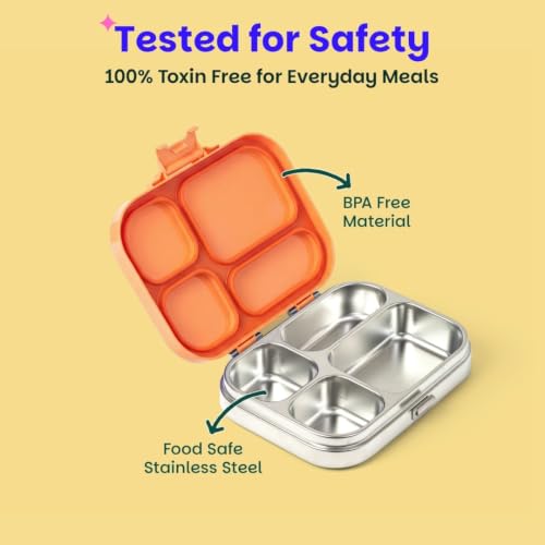 Image of Basil Bento Box Quad - 4 Compartment Stainless Steel Lunch Box with BPA-Free Plastic Lid | 800 ml Leak-Proof Tiffin Box for Kids & Adults | Premium School, Office, and Picnic Lunch Box - Coral Swirl