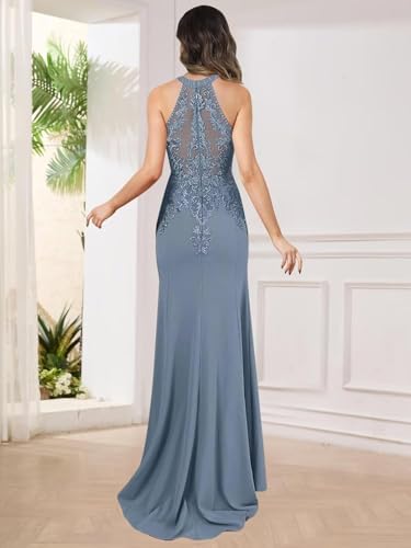 Halter Mother of The Bride Dress Long Chiffon Prom Dresses Lace Applique Formal Evening Gown for Women4