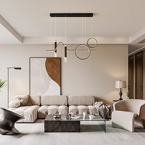Siittoo Modern Led Pendant Lighting Fixtures, 45W Dimmable Led Modern Chandelier Lights With Geometric Shapes & Bubbles, 37'' Black Linear Wave Dining Room Light Fixture For Kitchen Island Living Room #TOP2