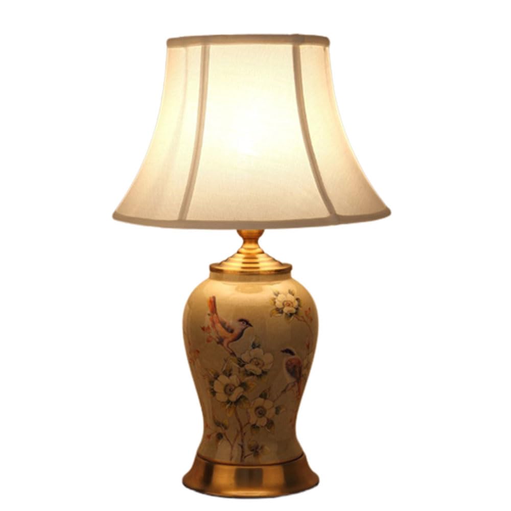 SGKOMN 21.2" Chinoiserie Ceramic Table Lamp Traditional Bedside Desk Nightstand Lamp With Flower And Bird Pattern For Bedroom Living Room Office College Bookcase-G