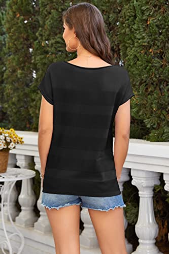 Jauoop Womens Cap Short Sleeve Sweaters Tops Summer Boat Neck Pullover Shirt Lightweight Knit Sweater Blouse Black #TOP4