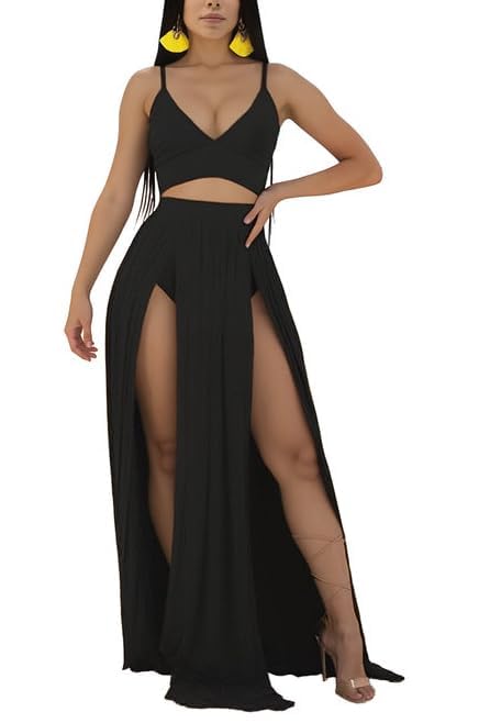 Image of Women Sexy 2 Piece Outfits Dress Chiffon Strap Deep V Neck Bra Crop Top High Split Maxi Dresses Skirt Set