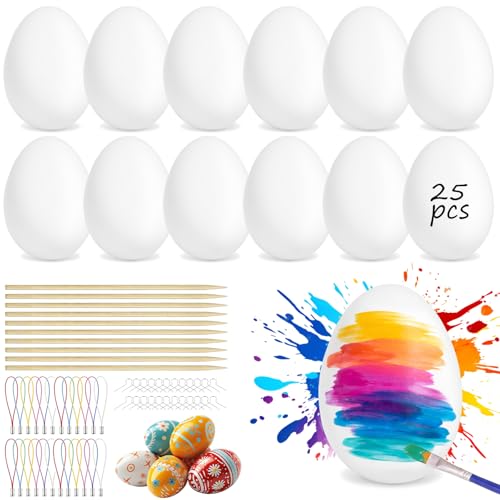 euluoziqing Lot de 25 Oeufs de Pâques à Suspendre, Oeufs de Pâques à Peindre en Plastique, Décoratifs Blancs pour Chasse aux Oeuf et Bricolage de Pâque,...