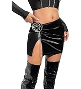 BEAUDRM Women's Rhinestone Drop Waist Split Hem Mini Skinny Skirt Party PU Leather Bodycon Skirt