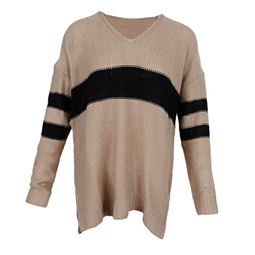 menolana Feminino Casual Cor Bloco Decote em V Manga Comprida Tops Moletom Solto - Cáqui S