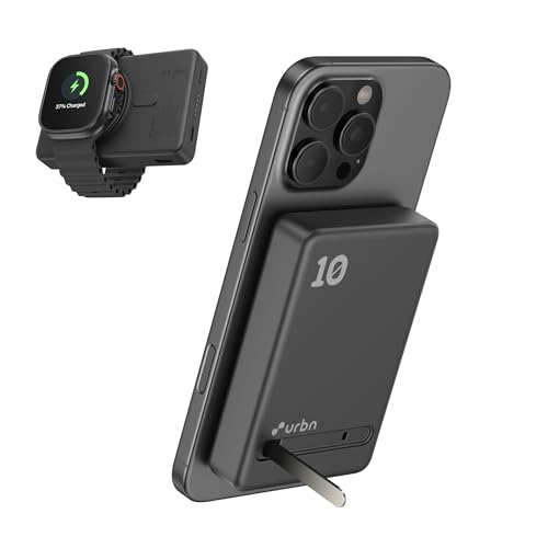 Image of URBN Slide Pro MagSafe 4-in-1 Wireless Power Bank 10000mAh with Kickstand | Designed for iPhone 12+, Apple Watch, AirPods & Qi Devices | MagTag Ring Included (Black)
