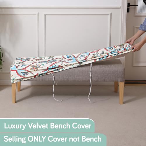 Image of HOKIPO Premium Printed Velvet Stretchable Dining Bench Slipcover, Beige Persian Garden (AR-5798-D9)