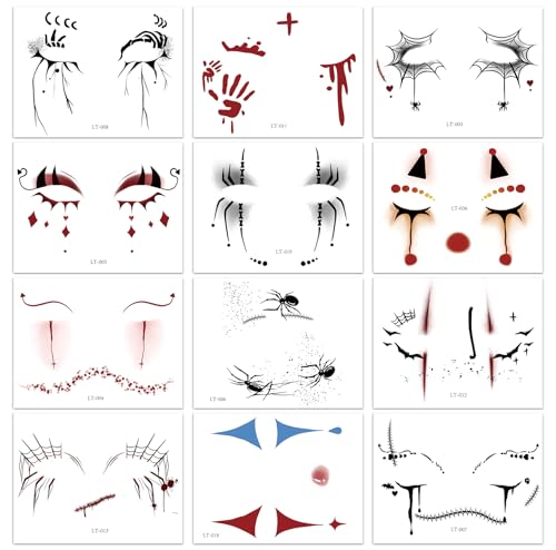 DPKOW Tatuagem Halloween de rosto, 12 folhas maquilhagem Halloween tatuagens temporárias teia aranha palhaço autocolantes rosto Halloween falsos tatuagens mulheres homens crianças Halloween