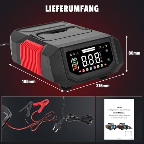 Autobatterie Ladegerät 12V/24V, HAUSPROFI 20A Intelligentes Batterieladegerät KFZ mit Einstellbarem Strom, 9-Stufige Ladung & Reparaturmodus für Auto, Motorrad, LKW, Blei-Säure, AGM, Lithium LiFePO4