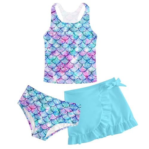 Image of Girls Swimsuits 3 Piece Tankini Bathing Suit Set Cute Bikini Swimwear with Cover Ups Beach Skirt 5-16 Years