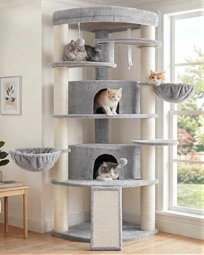 Gitelsnour Corner Cat Tree for Indoor Cats Cat Tower with All Sisal Scratching Posts Multi-level Cat Condo wth 2 Large Cat Caves Big Top Perch 2 Hanging Baskets Sisal Ramp Light Gray GCT035W