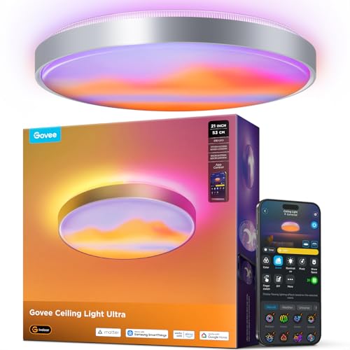 Govee Ceiling Light Ultra 21 Inch, 5000LM Smart Flush Mount Ceiling Light Fixture, Compatible with Matter & Alexa, RGBIC & Tunable White 2700K-6500K, DIY Ceiling Canvas for Bedroom, Living Room