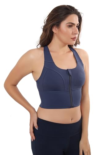 Image of Fabluk Women's Medium Impact Front Zip Sports Bra - Longline Fitness Crop Top with Criss-Cross Back, Wire-Free Yoga & Workout Tank, Sizes M-2XL