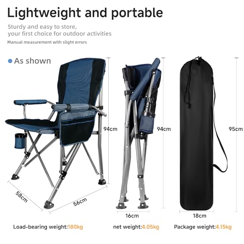 Image of Heavy Duty Folding Camping Chair Supports 400 LBS, Hard Arm Portable Outdoor Chair with Cup Holder & Storage Bag, Foldable Collapsible for Camp, Picnic, Lawn, Fishing, Blue