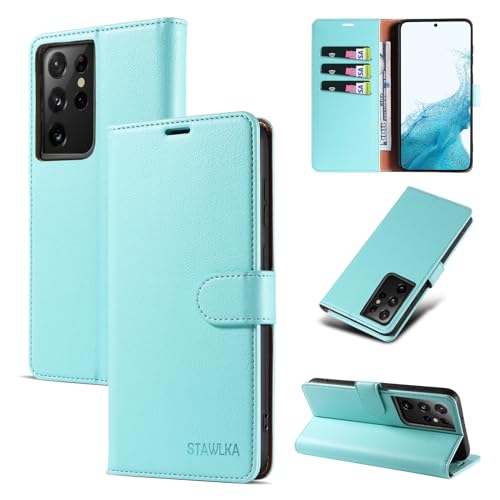 Étui en cuir Galaxy S21 Ultra vert menthe haut de gamme à clapet