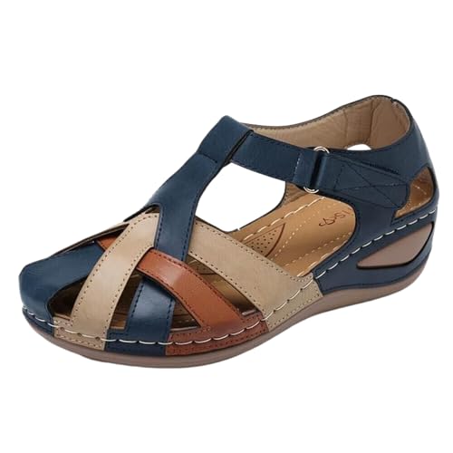 Womens Leather Sandals Bohemia Vintage Closed Toe Wedge Shoes Hollow Out Cross Orthopedic Sandals Breathable Outdoor Shoes