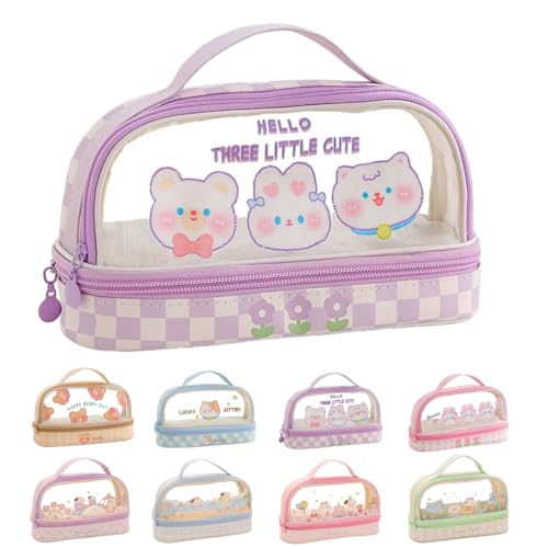 Image of Bunny Pencil Pouch w /Handle Rabbit Kitten Bear Puppy Pen Case Cosmetic Bag Clear Case Transparent Waterproof (Hello-Purple)