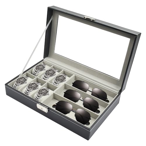 ADERTOS Boîte de Rangement pour Lunettes de Montre Boîte à Montres Coffret à Montres en Bois Boîte à Montres 6 Compartiments Boîte à Lunettes avec Vitrine en Verre pour Lunettes et Montre