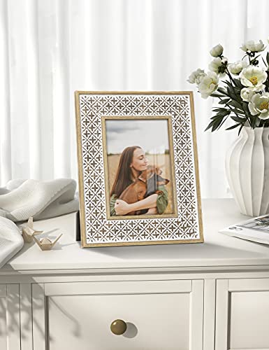 Sonefreiy 5X7 Picture Frame Boho Moroccan Decor White Gold Photo Frame Vintage Distressed Pattern For Desk And Wall Mom Grandmother #TOP2