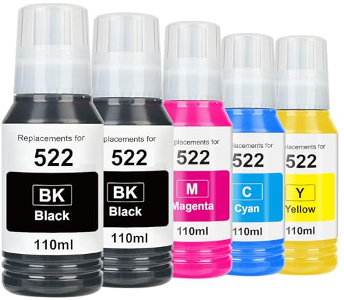 PROSWIFT 522 High Capacity Ink Refill Bottles Combo Pack Remanufactured for Epson 522 EcoTank Ink Works with EcoTank ET-2400, ET-2720, ET-2800, ET-2803, ET-2840 (550ML, 5 Pack, Not Sublimation Ink)
