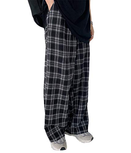 ORANDESIGNE Pantalones Anchos de Cuadros en Blanco Negro para Mujer Cintura Alta Suelto Derecho Pantalones Casuales A Negro XL