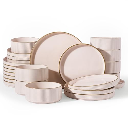 Image of Famiware Stoneware Dinnerware Sets for 8, Rimmed Plates, Bowls, Pink Dishes