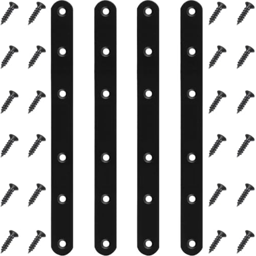 Image of 4 Pcs Black Flat Bracket 8 Inch Stainless Steel Straight Braces, Mending Plates Repair Fixing Brackets Heavy Duty Straight Repair Joining Plates with Screws