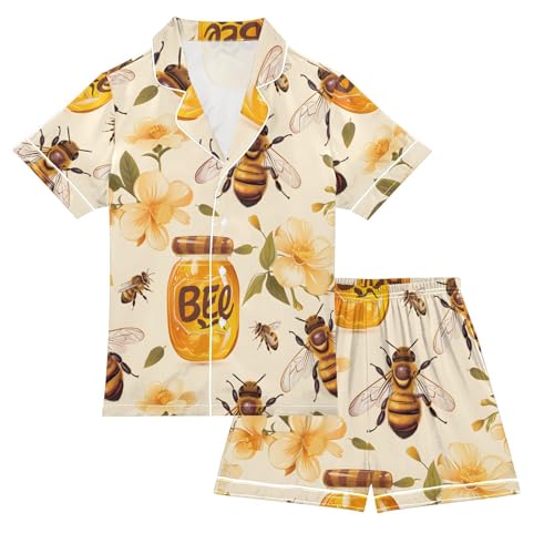 ALAZA Blossom Bee Honey Pajamas Satin Pajama Set Short Sleeve Button Down Sleepwear