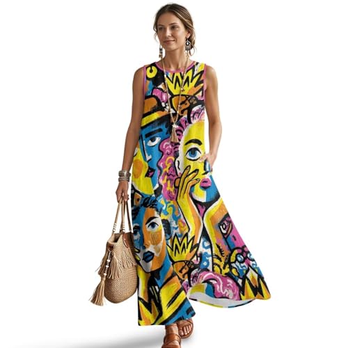 Frestree African Abstract Face Linen Summer Dresses for Women, Street