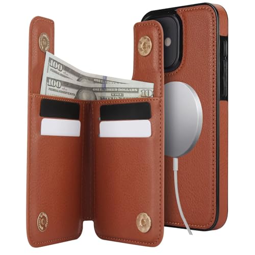Coque iPhone 12 antichoc étui portefeuille cuir détachable MagSafe marron