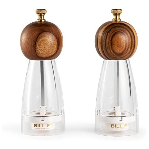 Bill.F Wood Salt and Pepper Grinders Refillable Set of 2 - Refillable Acrylic Salt Shaker or Pepper Shaker Two 5 oz Salt - Pepper Mill or Salt Mill - Spice Grinder - Easy Clean Ceramic Grinders Cover